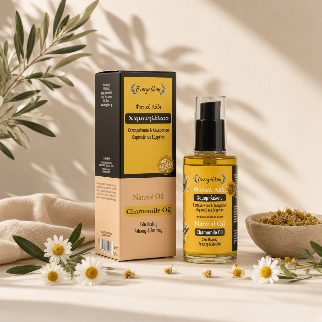 Evergetikon kamilleolie met kamillebloemen